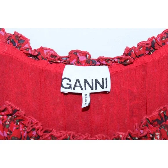 Ganni Women's Size 34 Red Tiered Floral Plisse-Chiffon Midi Dress